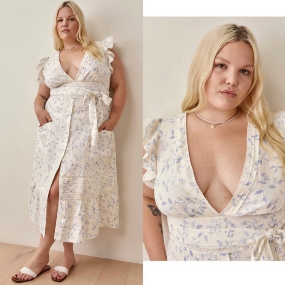 REFORMATION LILI FLORAL RUFFLE SLEEVE LINEN MIDI DRESS sz 22 - Picture 2 of 4